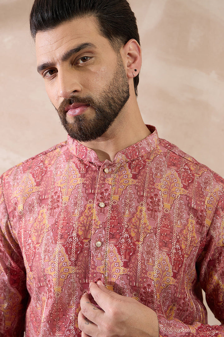 Pink Silk Blend Printed Mandarin Collar Straight Kurta With Trouser | SHOBITAM