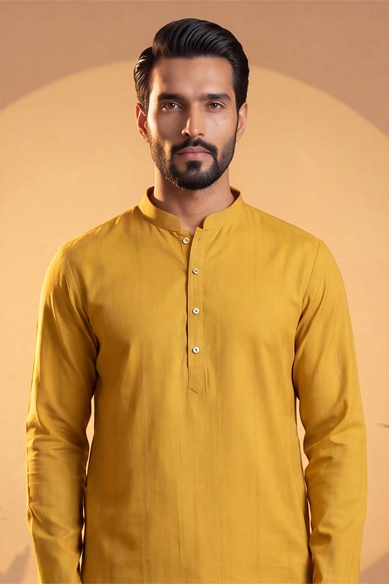 Mens Yellow Silk Blend Solid Solid Kurta With Trousers | SHOBITAM