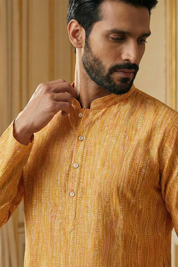 Yellow Silk Blend Printed Straight Kurta | SHOBITAM