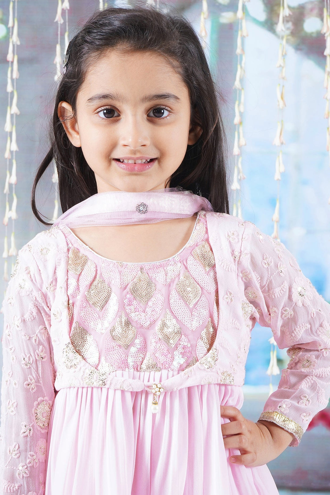 Girls Floral Sequin Embrodiery Kurta with Sharara and Dupatta with Lace Work | SHOBITAM