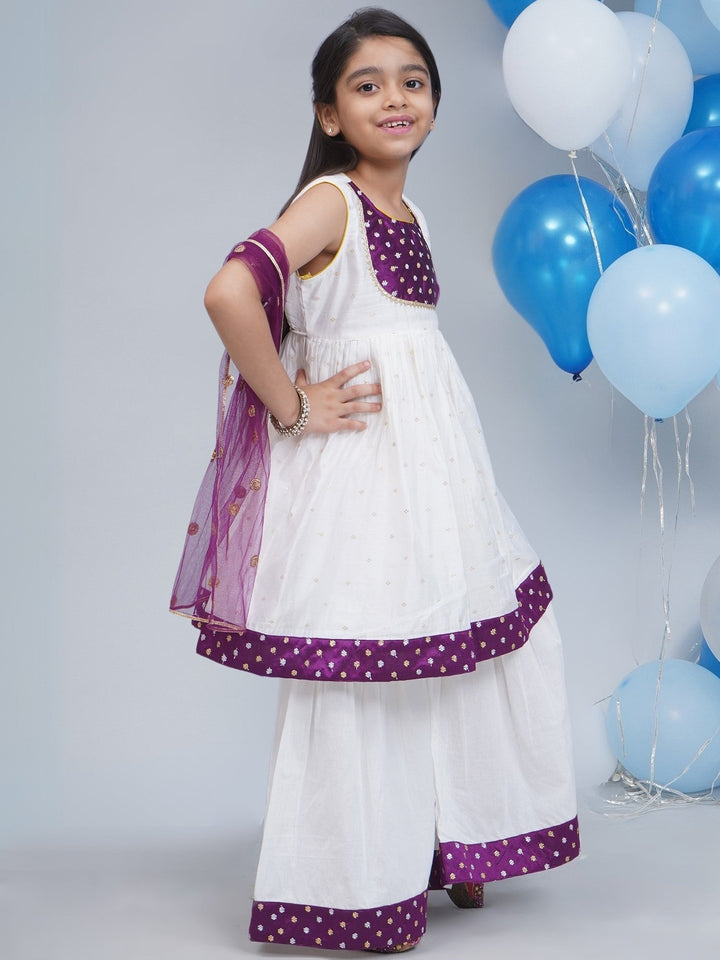 Girls White & Purple Chanderi Semi-Silk Kurta Sharara Set with Dupatta and Cotton Lining | SHOBITAM