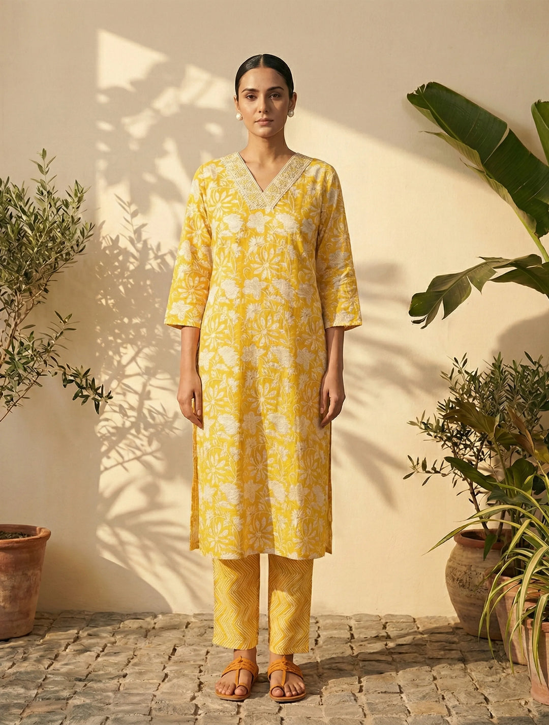 Yellow Floral Print Kurta Pant Dupatta Set | SHOBITAM