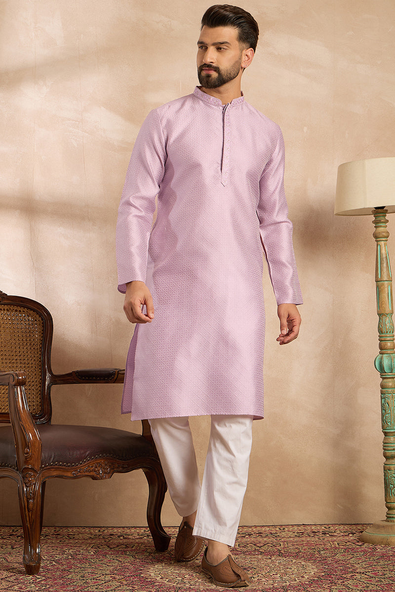 Lavender Polyester Solid Embroidered Straight Kurta | SHOBITAM