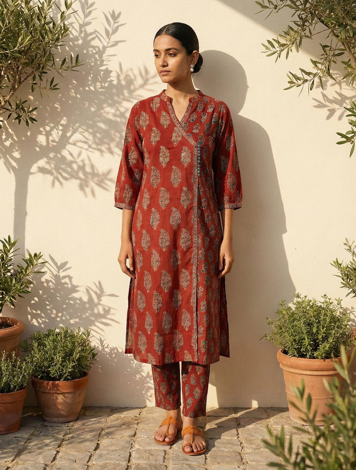 Rust Boota Print Angrakha Kurta Pant Dupatta Set | SHOBITAM