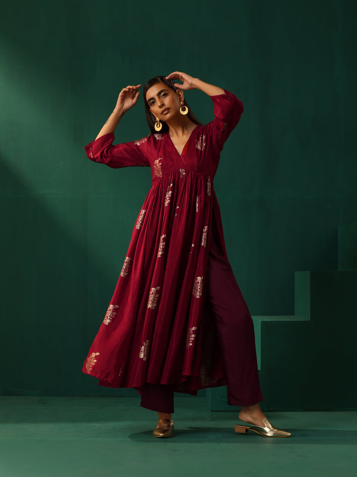 Maroon Floral Viscose Silk Kurta Pant Set  | SHOBITAM