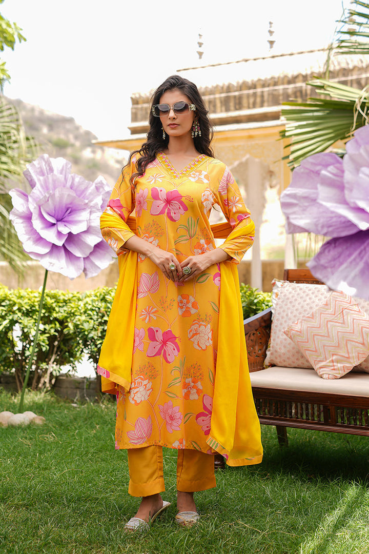 Yellow Silk Blend Floral Printed Straight Kurta Trousers With Dupatta | SHOBITAM
