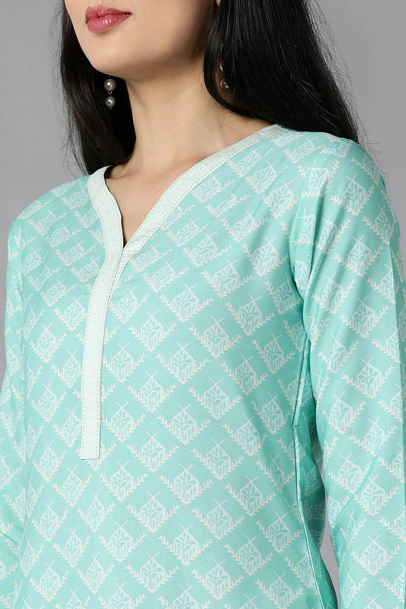 Sea Green Polyester Straight Kurta Palazzo With Dupatta | SHOBITAM
