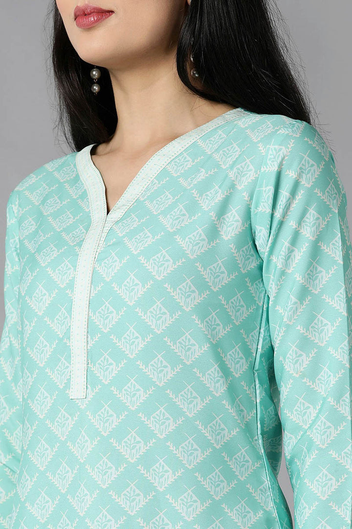 Sea Green Polyester Straight Kurta Palazzo With Dupatta | SHOBITAM
