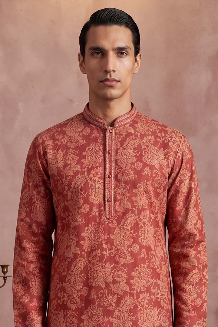 Mens Red Silk Blend Floral Printed Kurta With Trousers | SHOBITAM