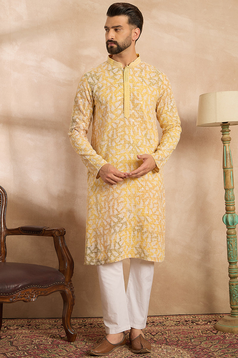 Yellow Viscose Rayon Printed Mandarin Collar Straight Kurta | SHOBITAM