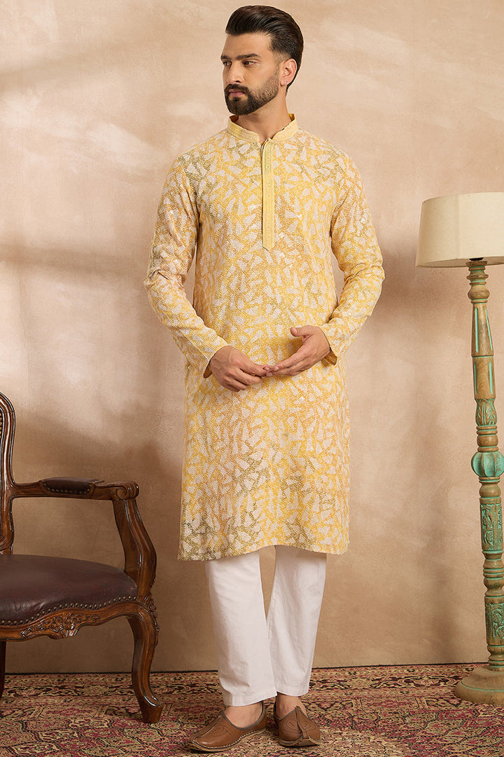 Yellow Viscose Rayon Printed Mandarin Collar Straight Kurta | SHOBITAM