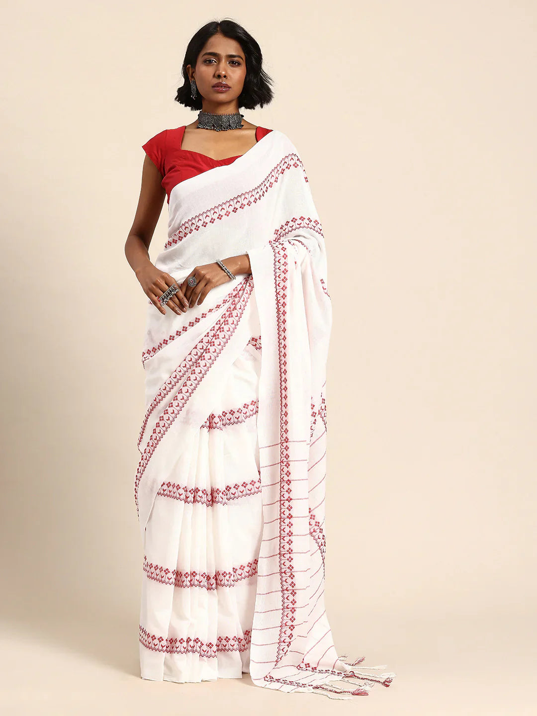 White-Red Pure Cotton Saree with Blouse piece
