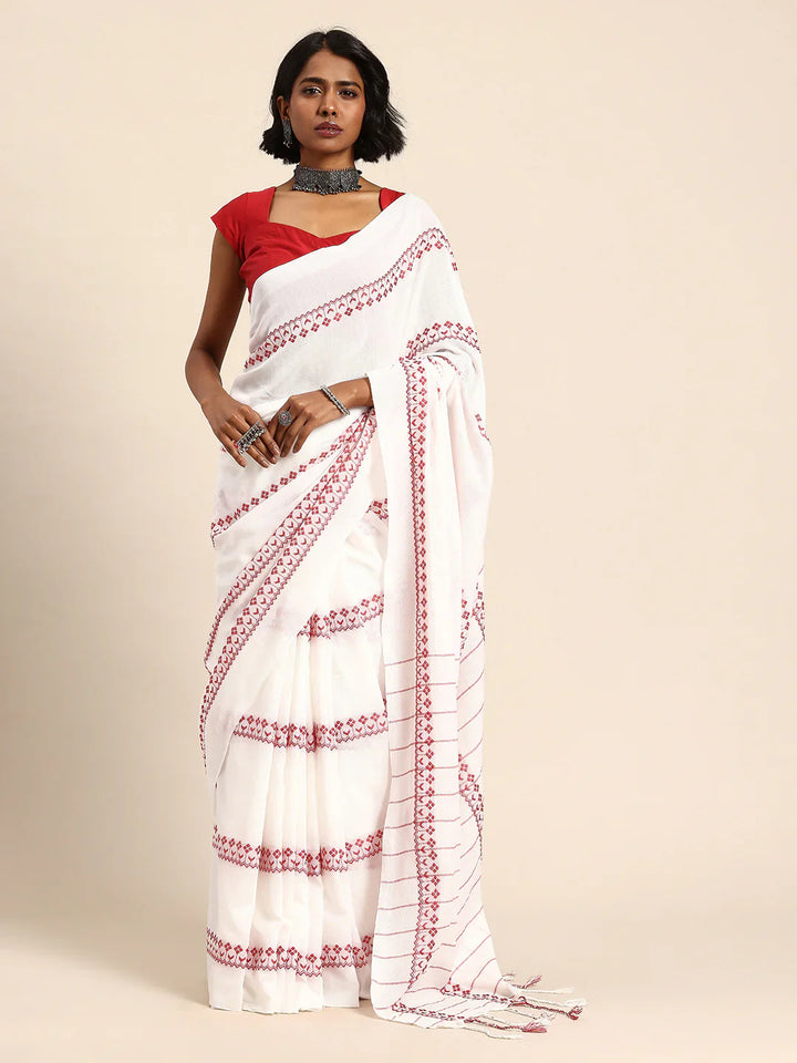 White-Red Pure Cotton Saree with Blouse piece