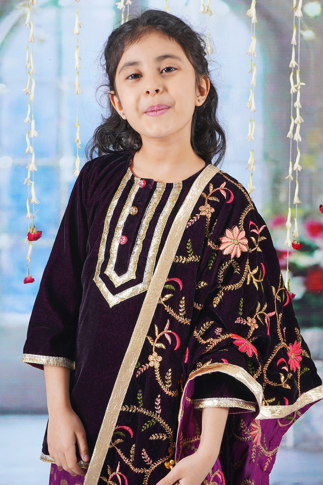 Girls Velvet Kurta with Banarsi Sharara and Embroided Dupatta with Potli | SHOBITAM