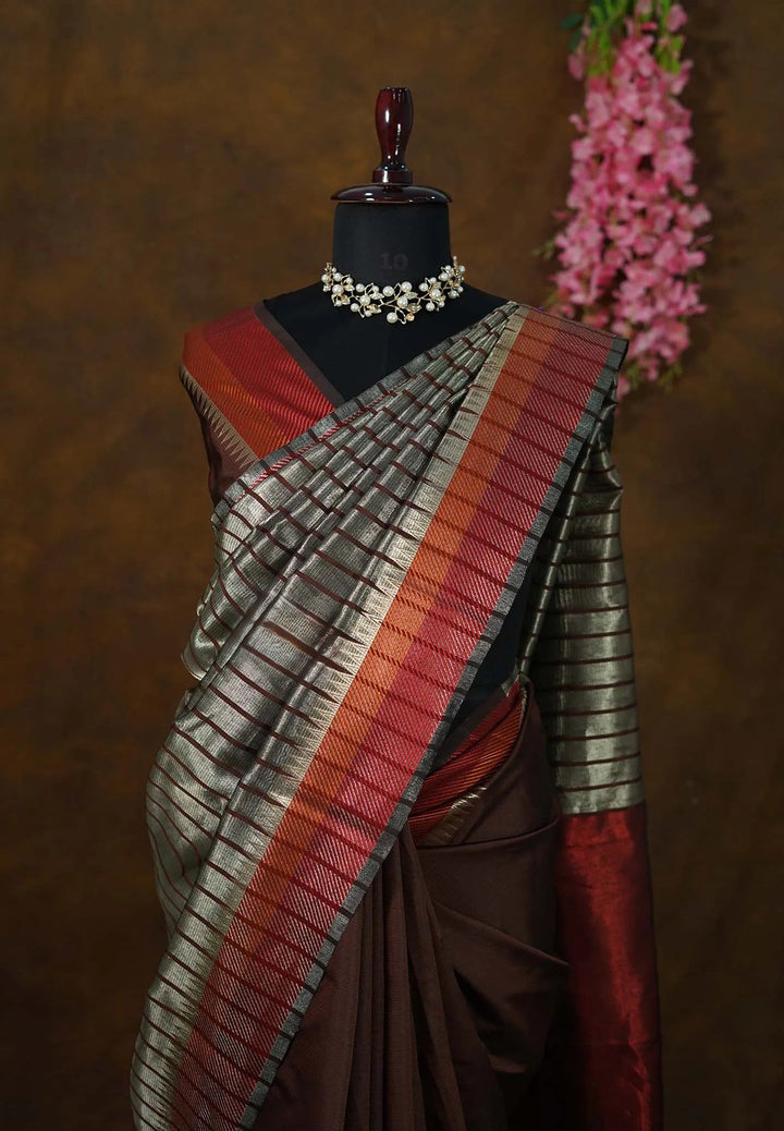 Taupe Grey and Brown - Patli Pallu Saree in Semi Silk Cotton | SHOBITAM
