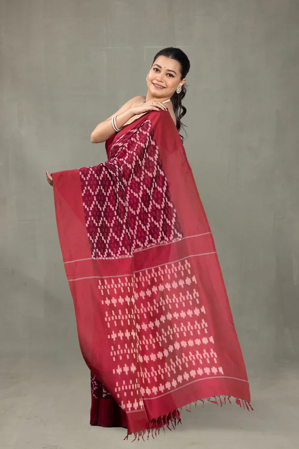 Handloom Ruby Red Ikkat Cotton Silk Saree | SHOBITAM