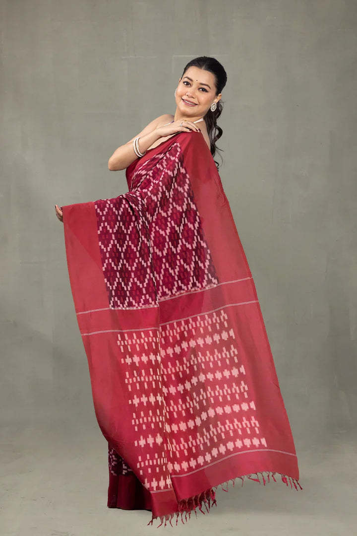 Handloom Ruby Red Ikkat Cotton Silk Saree | SHOBITAM