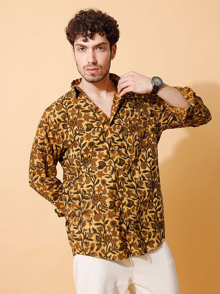 Amber Ajrakh Full Sleeve Cotton Shirt in Mustard for Men