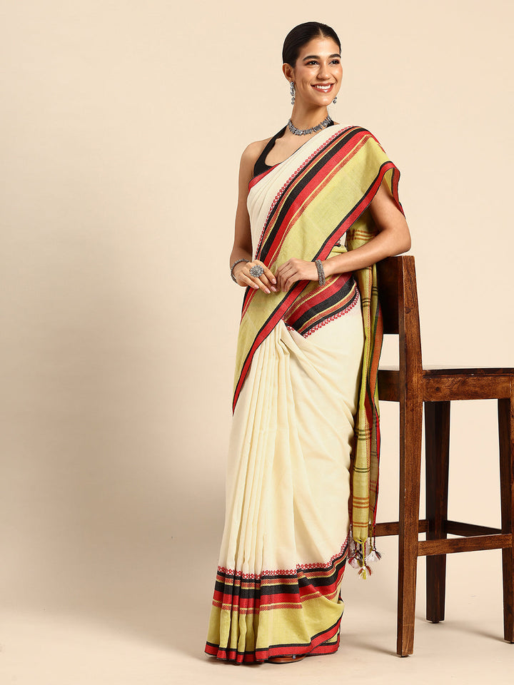 White Green Red Cotton Saree with Blouse piece | SHOBITAM
