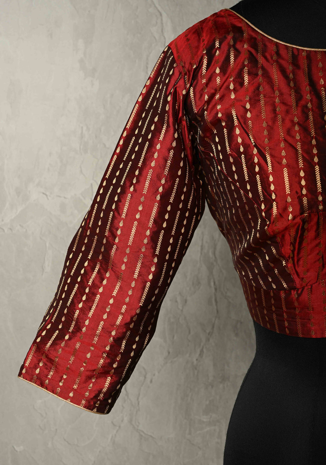 SIZE 42" Maroon Pure Silk Boat Neck Blouse with Zari Ornated Stripes and 3/4  Sleeves