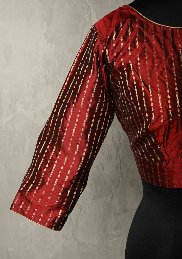SIZE 42" Maroon Pure Silk Boat Neck Blouse with Zari Ornated Stripes and 3/4  Sleeves
