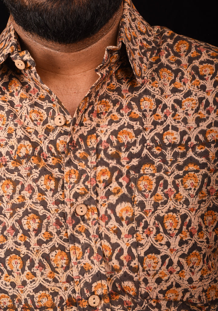 Brown Black Kalamkari Handblock Printed Cotton Mens Shirt Taal