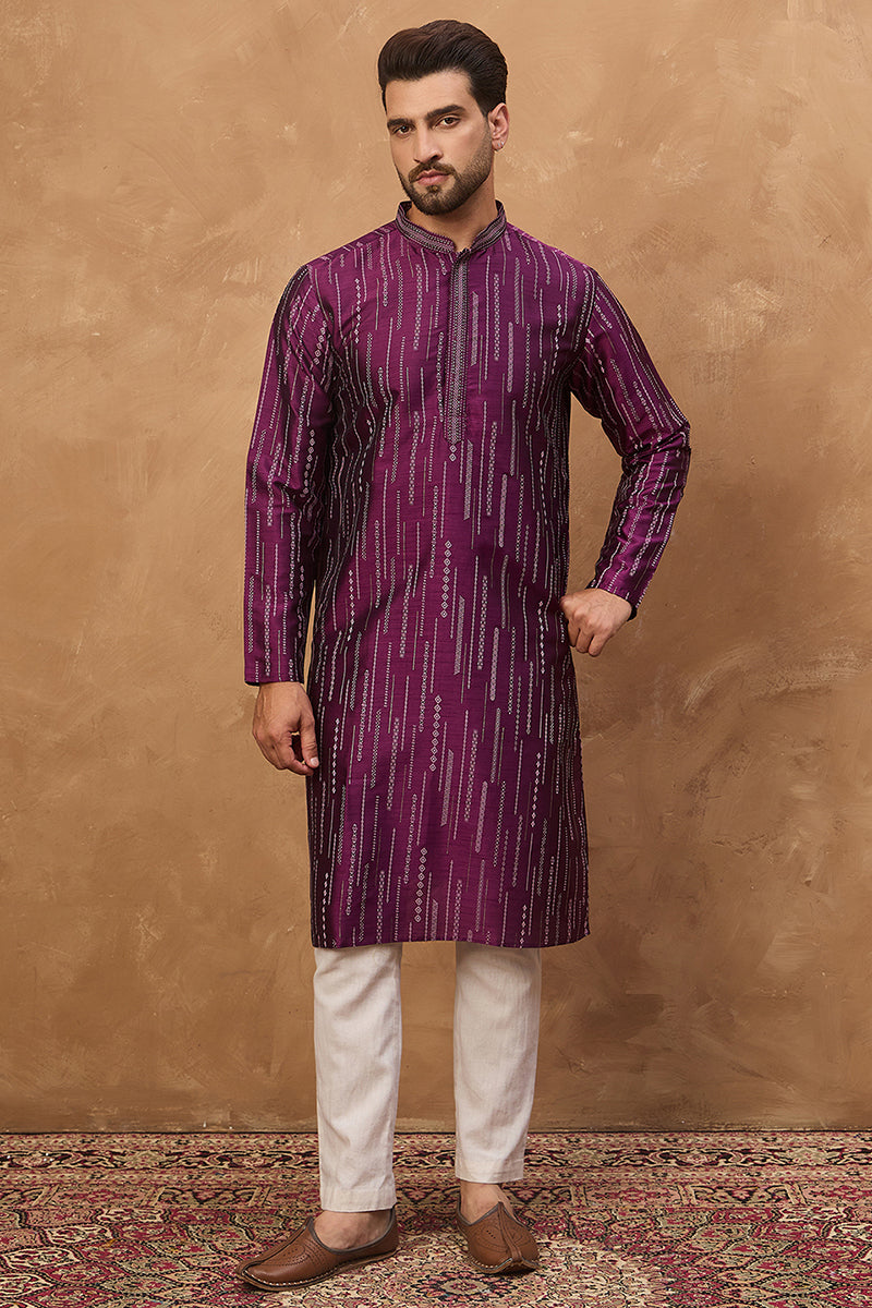 Purple Silk Blend Geometric Printed Straight Kurta | SHOBITAM