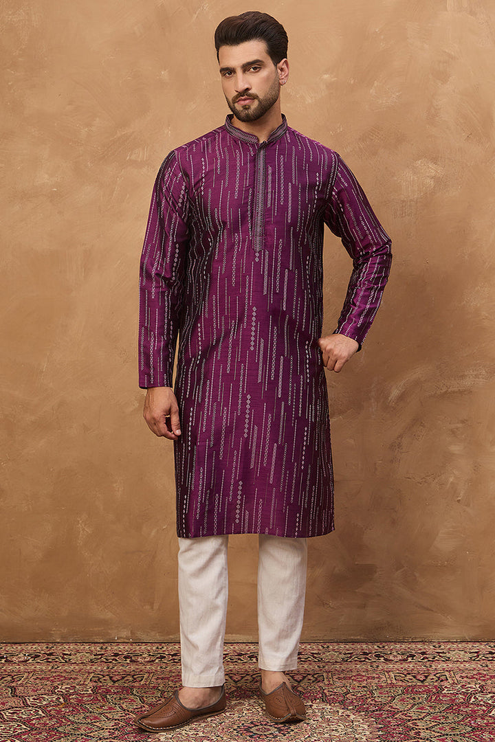 Purple Silk Blend Geometric Printed Straight Kurta | SHOBITAM