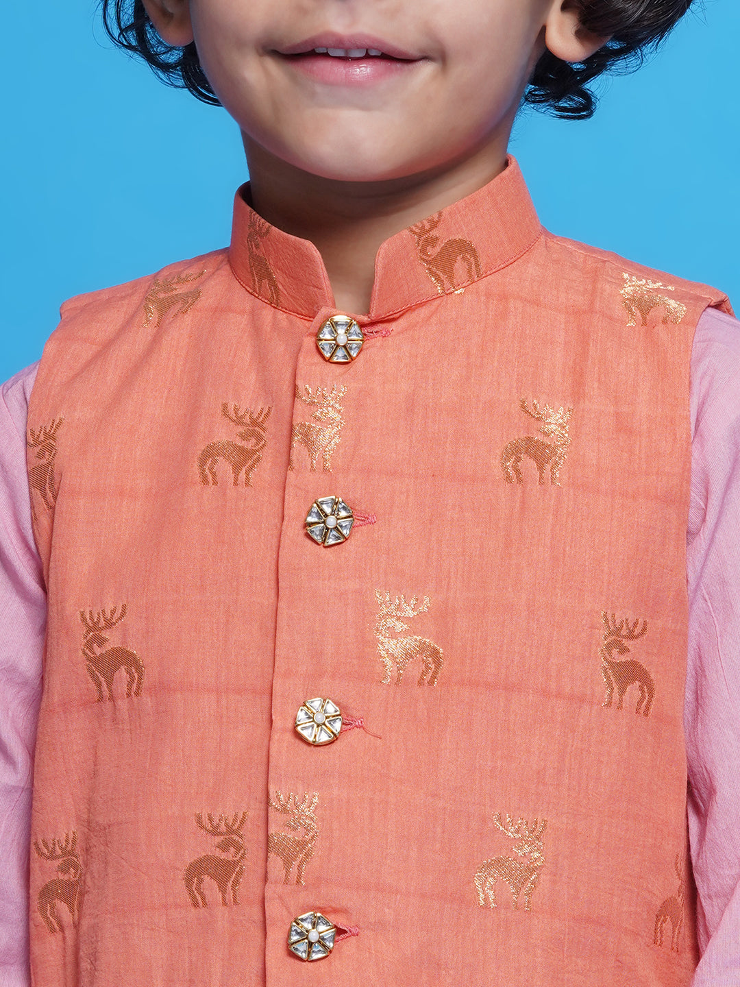 Cotton Sleeveless Golden Deer Embrodiery Nehru Jacket with Kurta and Dhoti - Peach | SHOBITAM