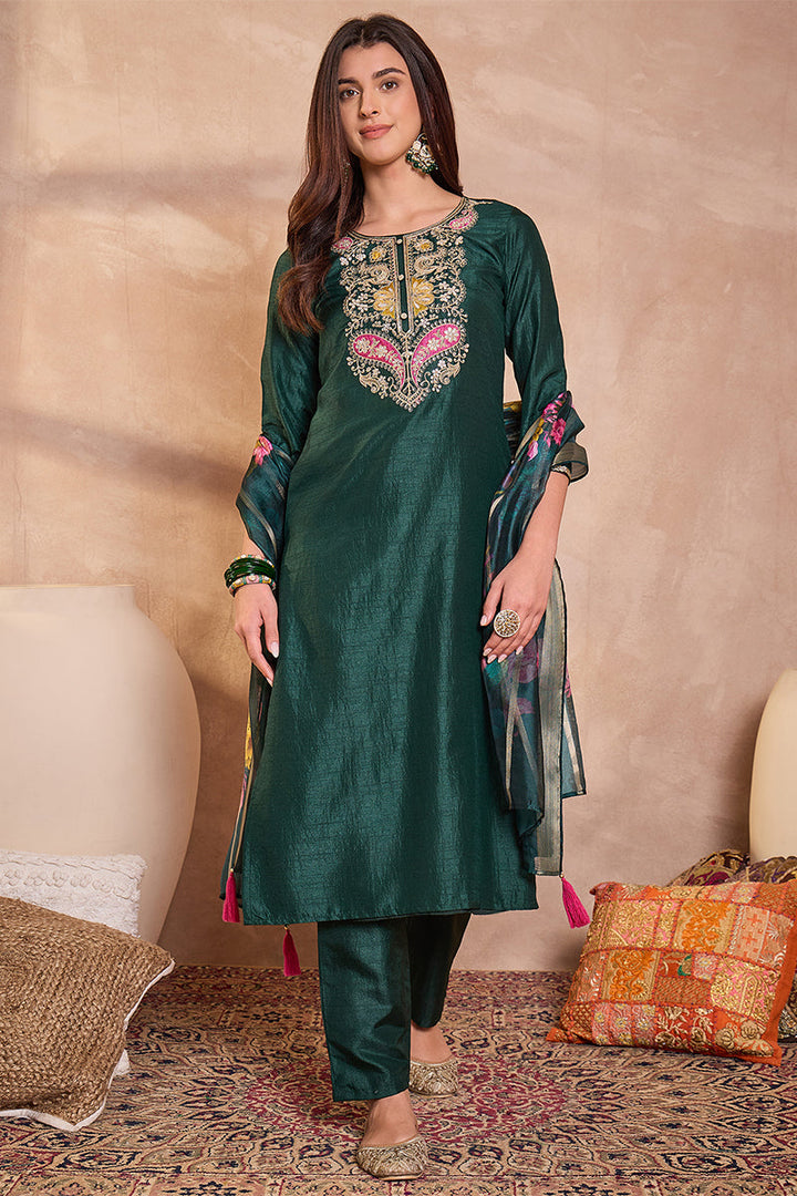 Green Silk Blend Solid Embroidered Straight Kurta Trouser With Dupatta | SHOBITAM