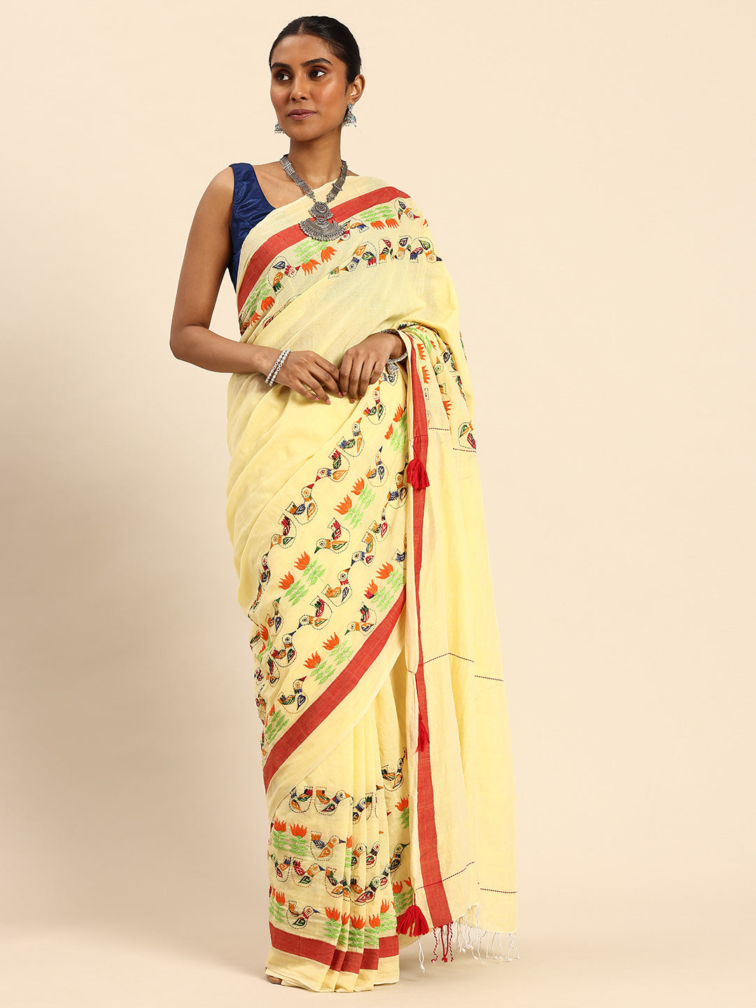 Yellow Red Kantha Stitch Handloom Cotton Saree with Blouse Piece | SHOBITAM