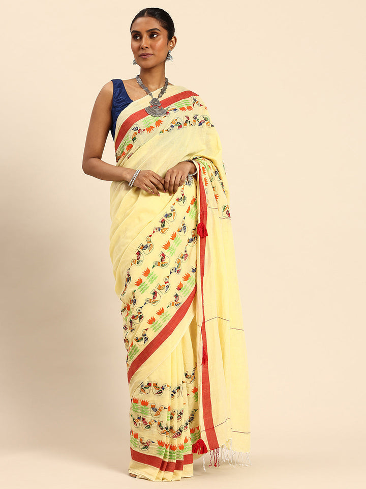 Yellow Red Kantha Stitch Handloom Cotton Saree with Blouse Piece | SHOBITAM