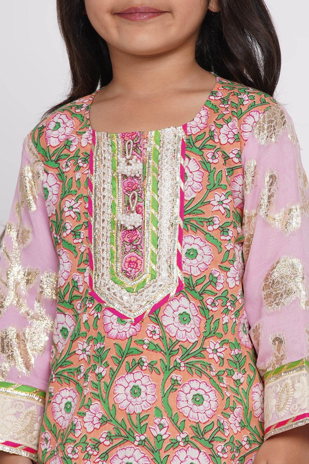 Girls Bengali Lace work Floral Kurta with Embellished Sharara & Duppata in Pink | SHOBITAM