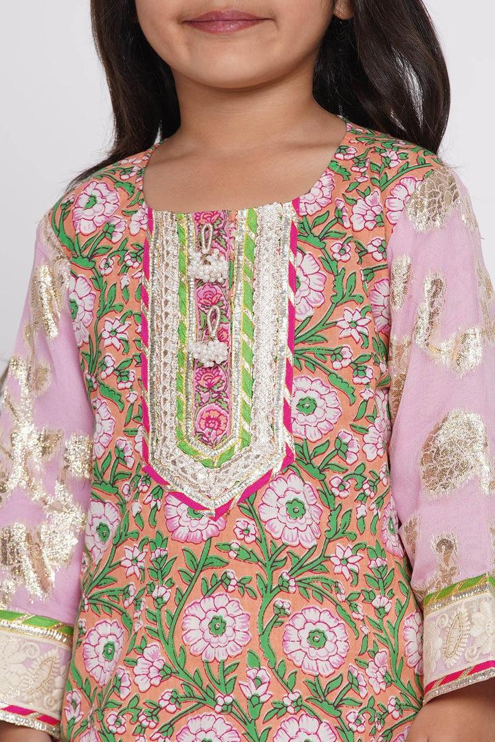 Girls Bengali Lace work Floral Kurta with Embellished Sharara & Duppata in Pink | SHOBITAM