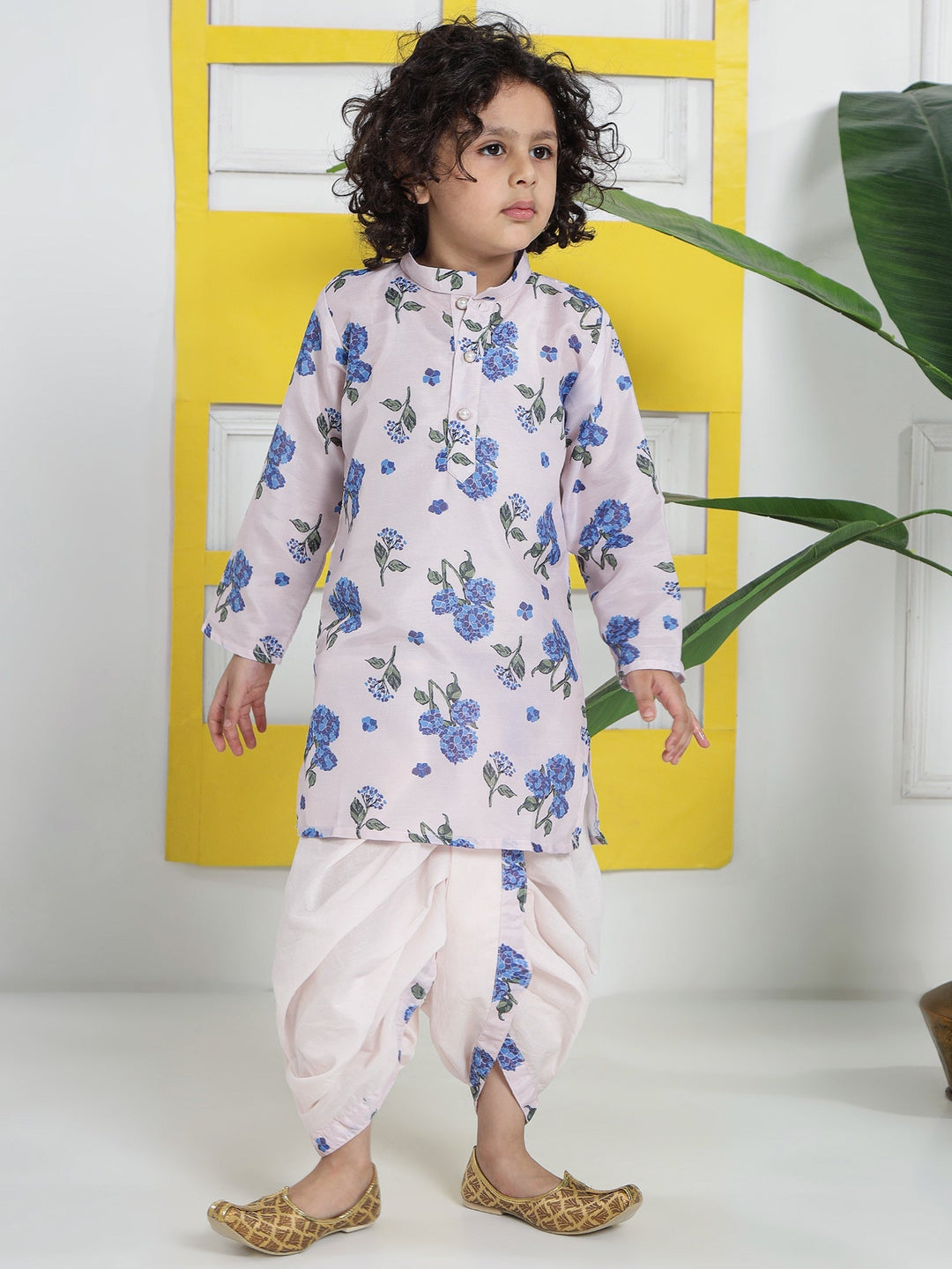 Rose Water Floral Muslin Kurta with Cotton Dhoti | SHOBITAM