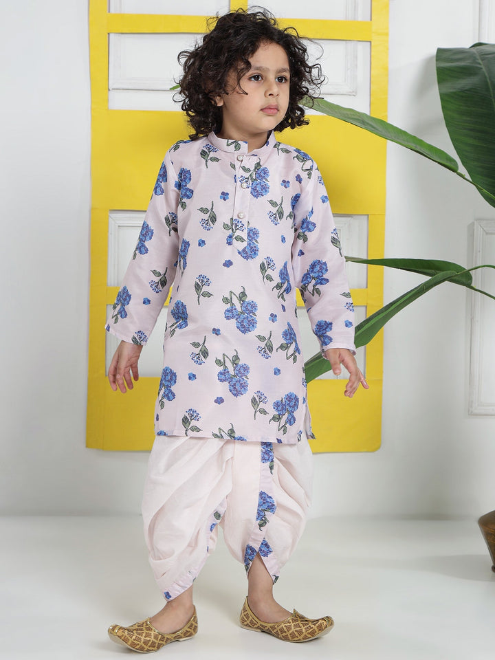 Rose Water Floral Muslin Kurta with Cotton Dhoti | SHOBITAM