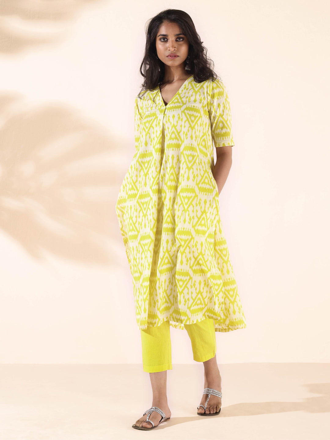 Lime Cotton Ikat Kurta Pant Set | SHOBITAM