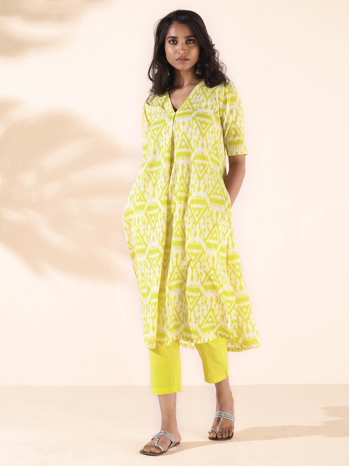 Lime Cotton Ikat Kurta Pant Set | SHOBITAM