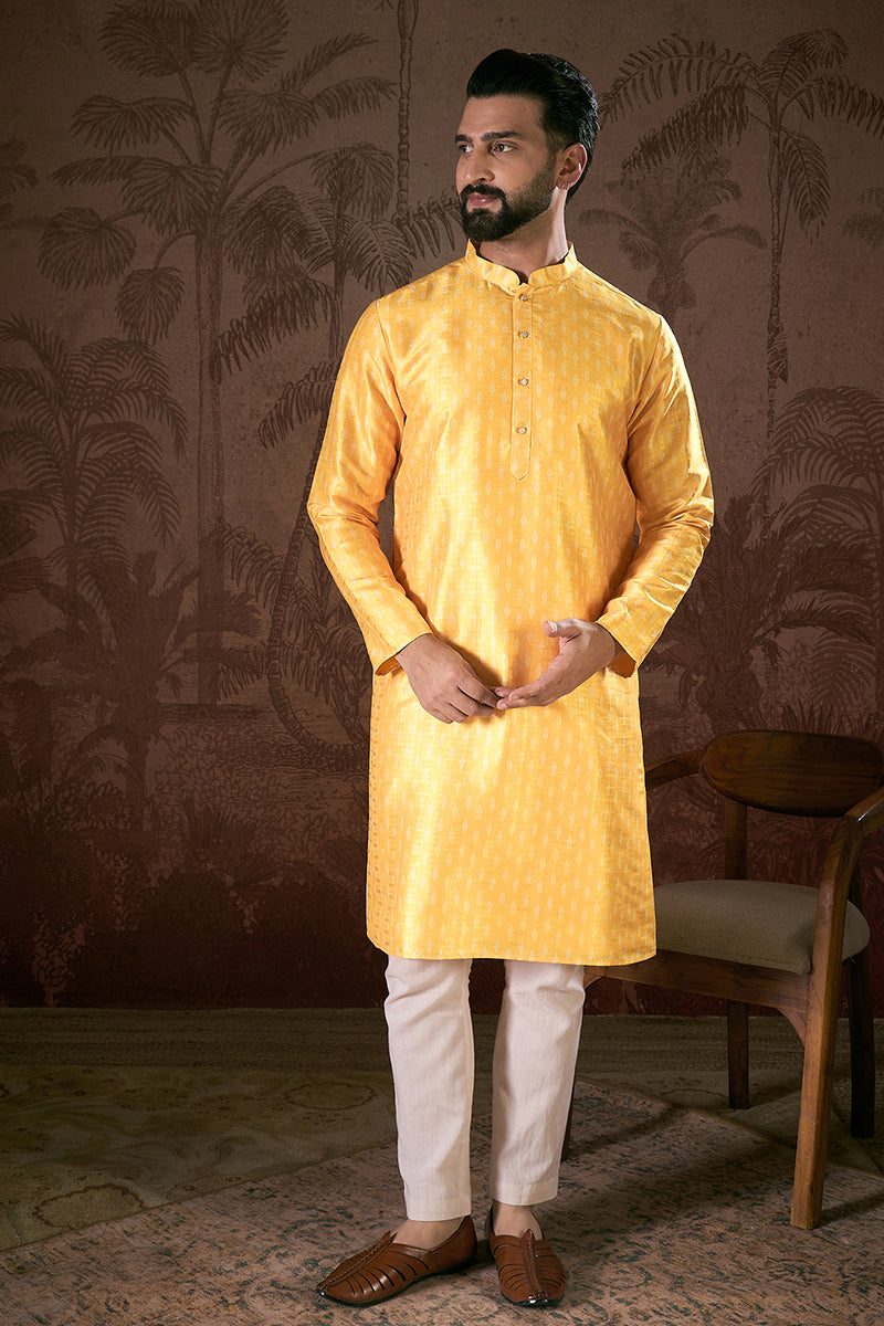 Yellow Silk Blend Ethnic Motifs Printed Straight Kurta For Men | SHOBITAM