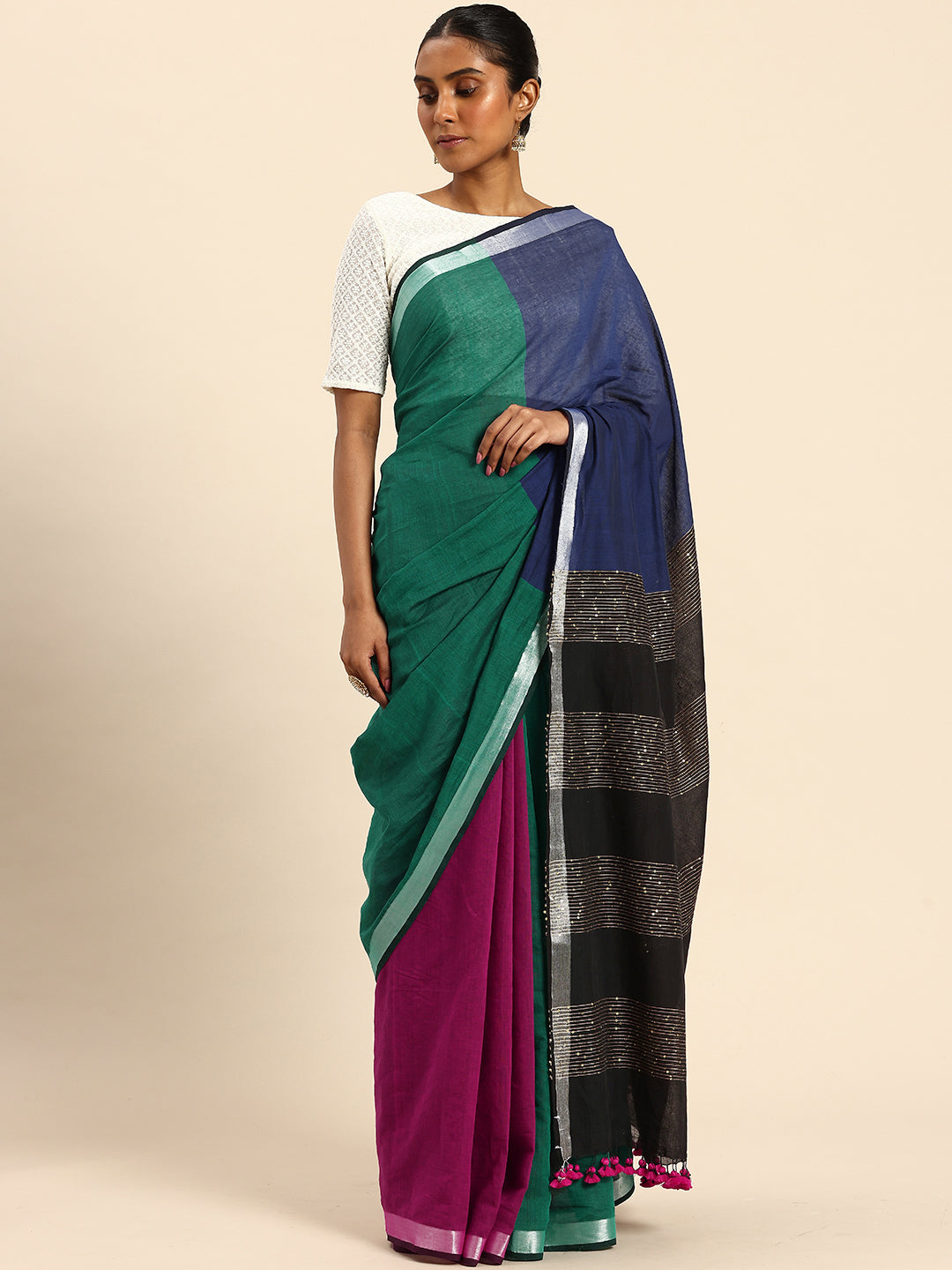 Green, Magenta & Blue Handloom Cotton Sequins Saree | SHOBITAM