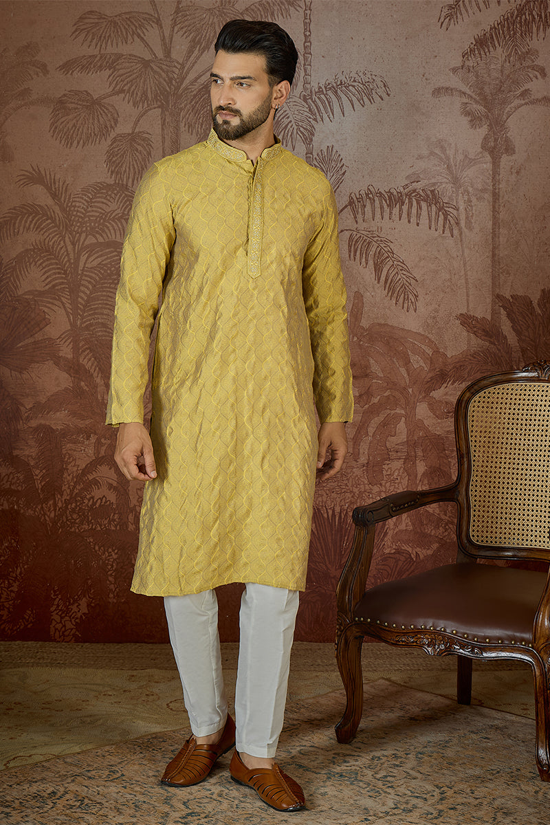 Mens Yellow Jacquard Solid Embroidered Kurta | SHOBITAM