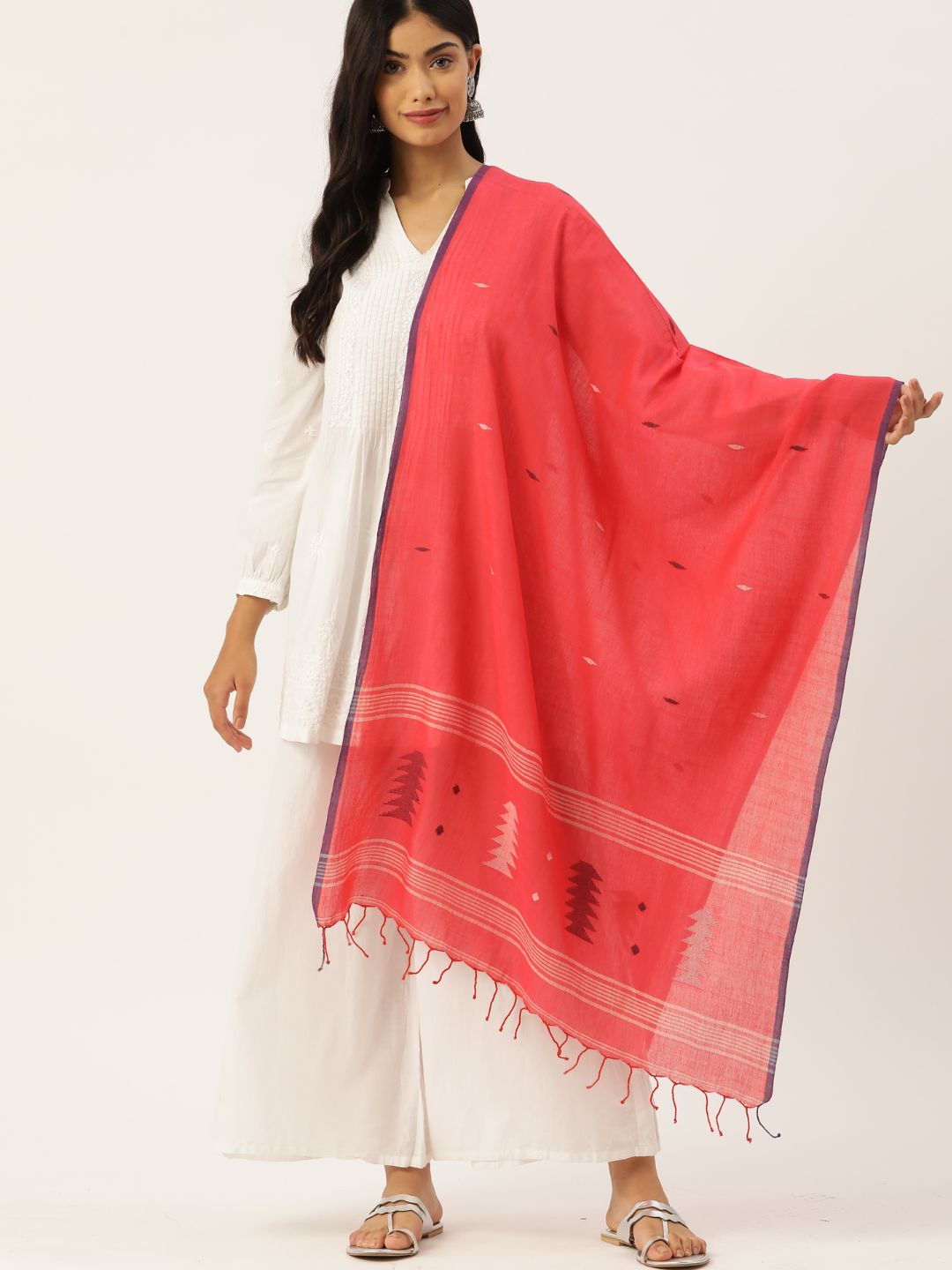 Red,White & Blue Handloom Cotton Jamdani Stole | SHOBITAM