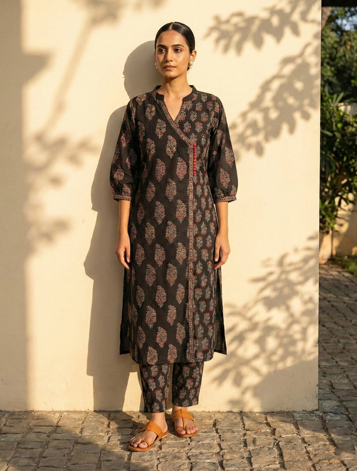 Black Boota Print Angrakha Kurta Pant Dupatta Set | SHOBITAM
