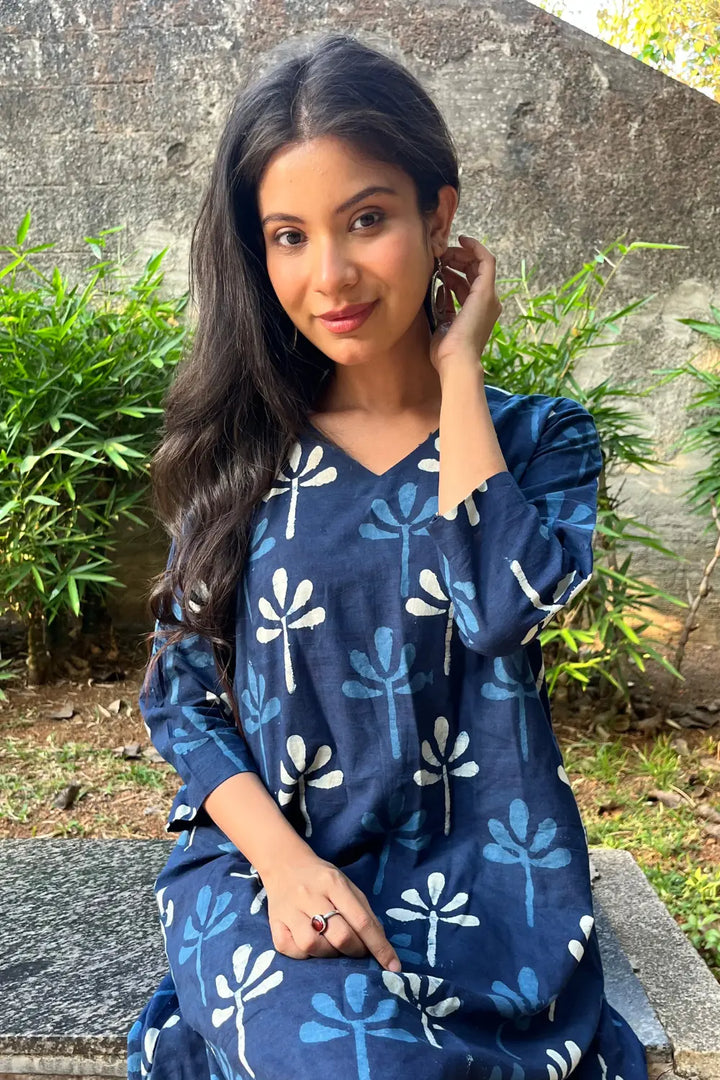 Indigo Block Print Dress | SHOBITAM