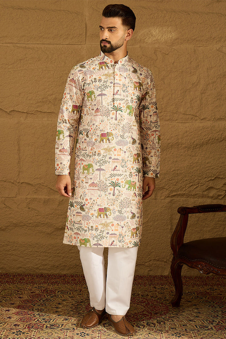 Cream Viscose Rayon Ethnic Motifs Printed Straight Kurta | SHOBITAM