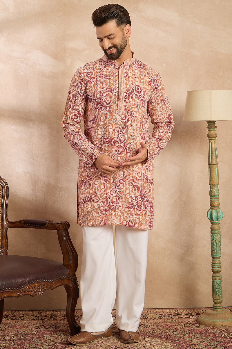 Orange Viscose Rayon Batik Embroidered Straight Kurta With Trouser | SHOBITAM