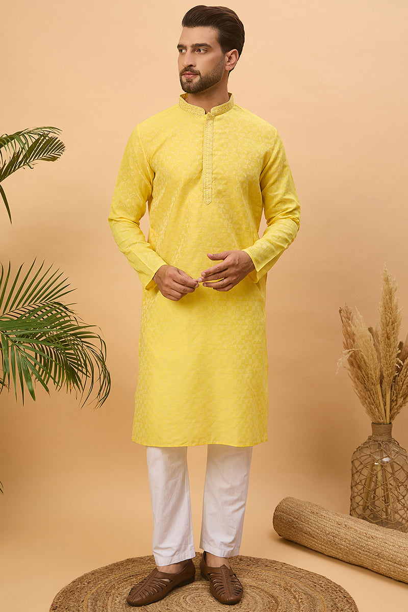 Yellow Silk Blend Solid Embroidered Straight Kurta  | SHOBITAM