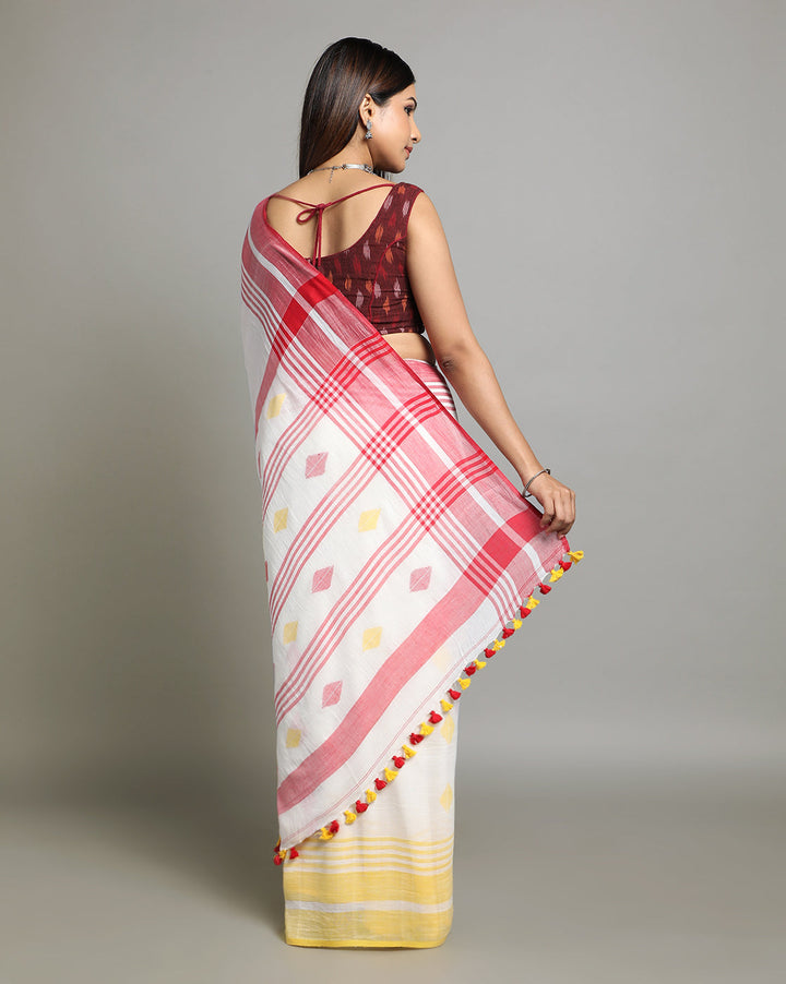 White Red Diamond Jamdani Cotton Saree | SHOBITAM
