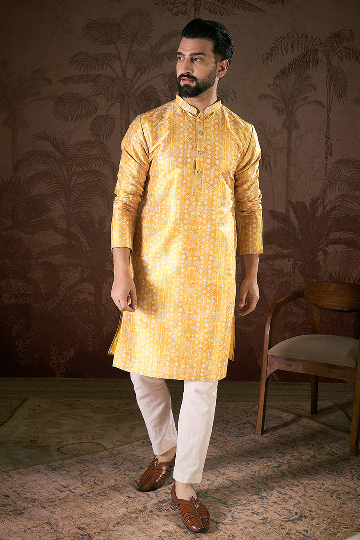 Yellow Silk Blend Floral Printed Straight Kurta For Men | SHOBITAM