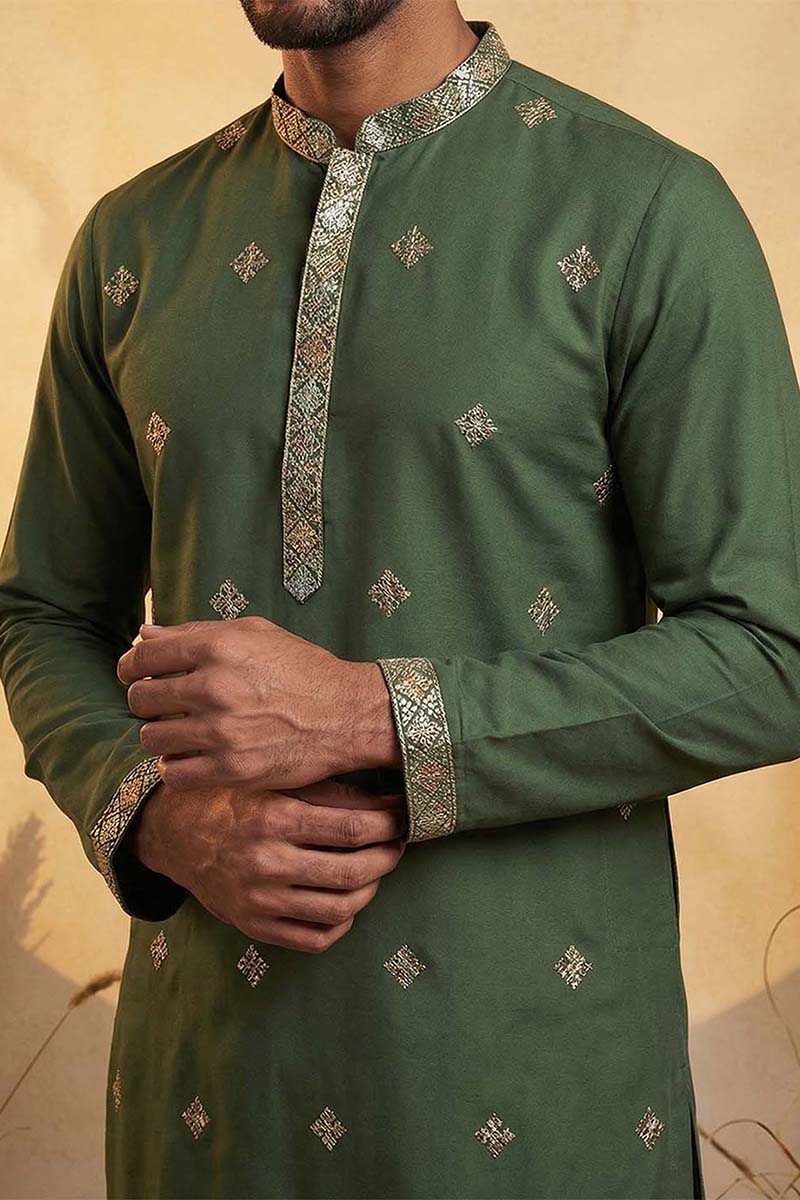 Silk Blend Green Solid Embroidered Calf Length Straight Kurta | SHOBITAM